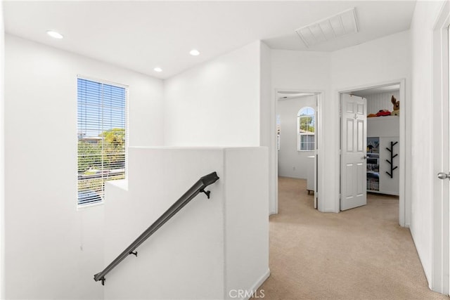 1474 De La Vina St, Chula Vista, CA 91913 - hall featuring an upstairs landing, light colored carpet, and recessed lighting
