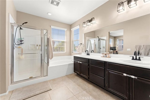 1474 De La Vina St, Chula Vista, CA 91913 - full bathroom with a stall shower, a garden tub, double vanity, and tile patterned floors