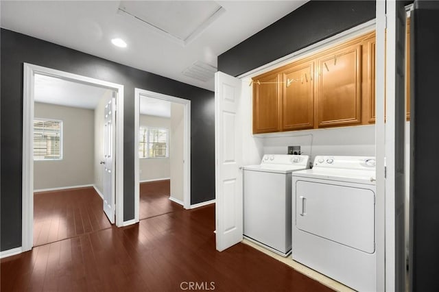 1565 Ledgestone Ln, Pomona, CA 91767 - laundry area featuring cabinet space, washing machine and clothes dryer, dark wood finished floors, and recessed lighting
