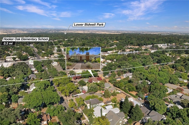 1245 Palm Ave, Chico, CA 95926 - aerial view of residential area with property boundaries highlighted and a heavily wooded area