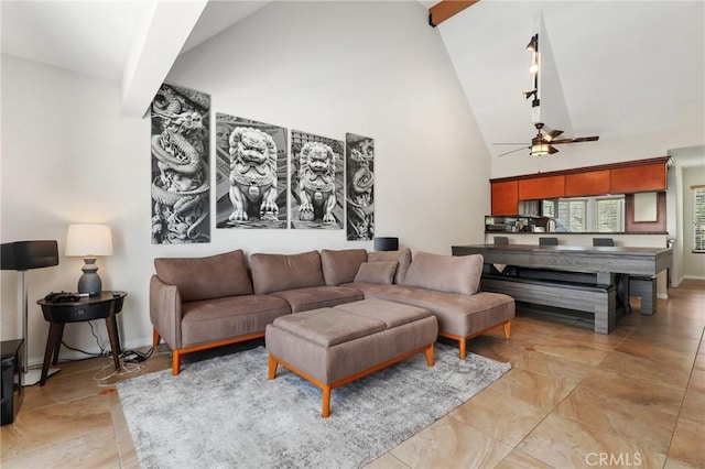810 Baker St Unit 210, Costa Mesa, CA 92626 - living area with high vaulted ceiling and a ceiling fan