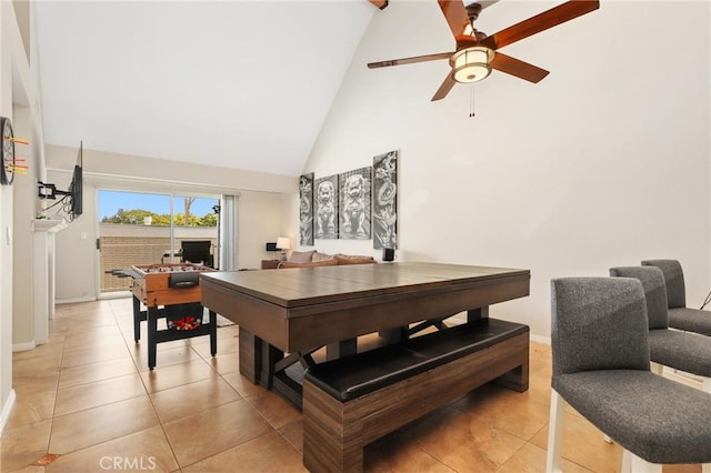 810 Baker St Unit 210, Costa Mesa, CA 92626 - dining room featuring ceiling fan, high vaulted ceiling, and light tile patterned floors