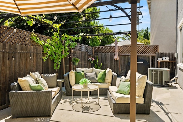 3192 Sawyers Bar Ln, Chico, CA 95973 - fenced backyard featuring an outdoor living space, a patio area, and a pergola
