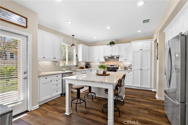 31956 Via Del Paso, Winchester, CA 92596 - kitchen featuring stainless steel appliances, under cabinet range hood, plenty of natural light, white cabinets, and recessed lighting