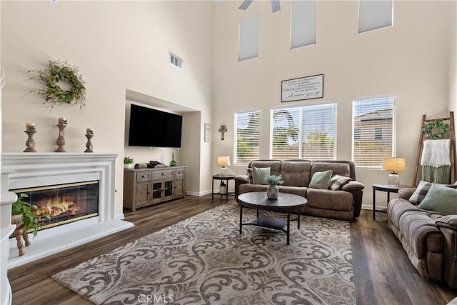 31956 Via Del Paso, Winchester, CA 92596 - living room with wood finished floors, a towering ceiling, a glass covered fireplace, and a ceiling fan