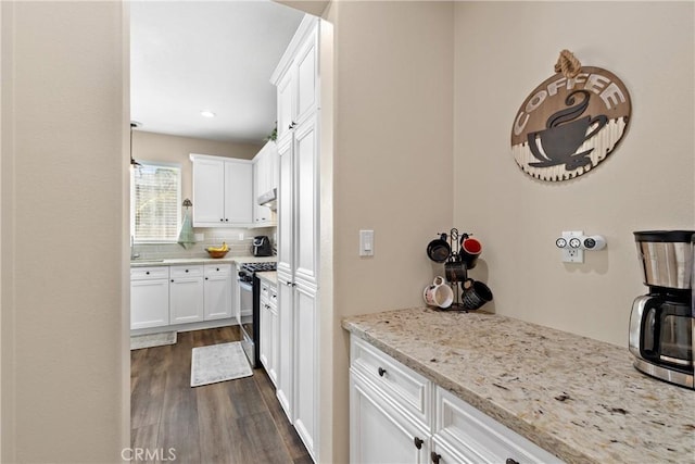 31956 Via Del Paso, Winchester, CA 92596 - kitchen with range with gas cooktop, dark wood-style flooring, white cabinetry, decorative backsplash, and light stone counters