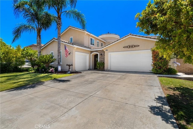 31956 Via Del Paso, Winchester, CA 92596 - mediterranean / spanish home featuring stucco siding, a garage, driveway, a front lawn, and a tile roof