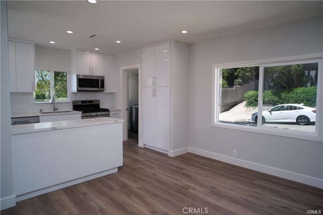 1020 Lantana Dr, Los Angeles, CA 90042 - kitchen with appliances with stainless steel finishes, white cabinetry, light countertops, recessed lighting, and dark wood finished floors