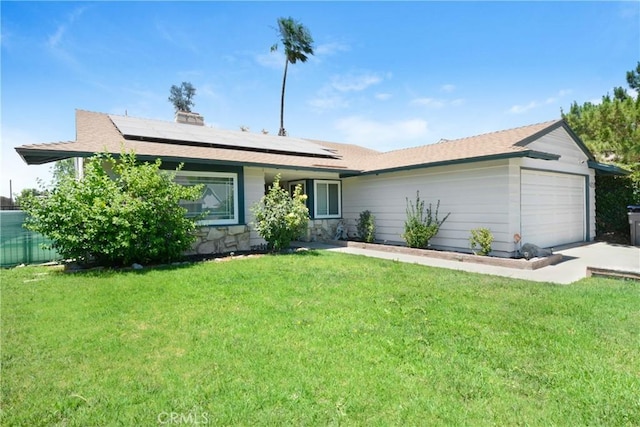 458 Termino Ave, Corona, CA 92879 - ranch-style home with an attached garage, solar panels, stone siding, and roof with shingles