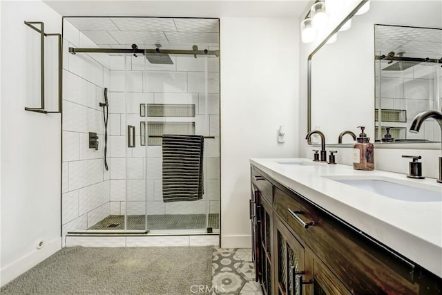 458 Termino Ave, Corona, CA 92879 - full bathroom with double vanity, a stall shower, and tile patterned flooring