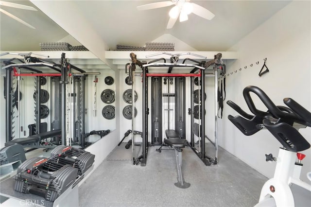 19622 Crestknoll Dr, Yorba Linda, CA 92886 - workout area featuring a ceiling fan and lofted ceiling