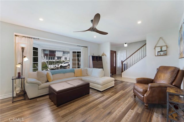 19622 Crestknoll Dr, Yorba Linda, CA 92886 - living room with ceiling fan, stairway, wood finished floors, and recessed lighting