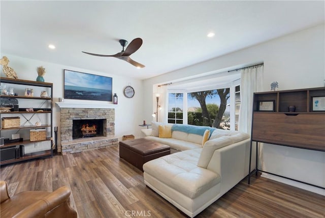 19622 Crestknoll Dr, Yorba Linda, CA 92886 - living area with a ceiling fan, a fireplace, wood finished floors, and recessed lighting