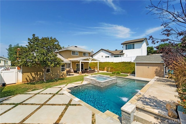19622 Crestknoll Dr, Yorba Linda, CA 92886 - view of swimming pool featuring a patio, a fenced backyard, a shed, and a pool with connected hot tub