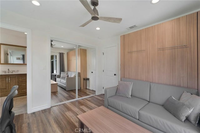 19622 Crestknoll Dr, Yorba Linda, CA 92886 - living area featuring a ceiling fan, dark wood-type flooring, and recessed lighting