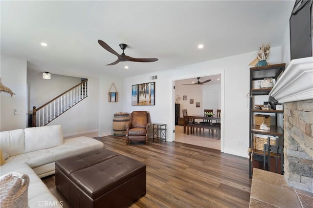 19622 Crestknoll Dr, Yorba Linda, CA 92886 - living room with a ceiling fan, dark wood-style flooring, stairs, and recessed lighting
