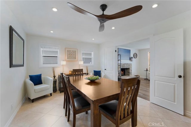 19622 Crestknoll Dr, Yorba Linda, CA 92886 - dining room with a fireplace, a ceiling fan, light tile patterned floors, and recessed lighting
