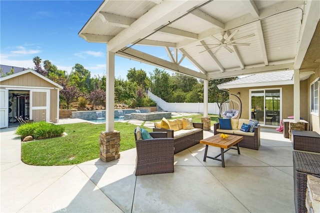 19622 Crestknoll Dr, Yorba Linda, CA 92886 - view of patio featuring an outdoor living space, a ceiling fan, and a storage shed