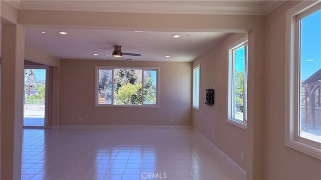 1167 Tesoro Pl, Vista, CA 92081 - empty room featuring plenty of natural light, light tile patterned floors, recessed lighting, a ceiling fan, and crown molding