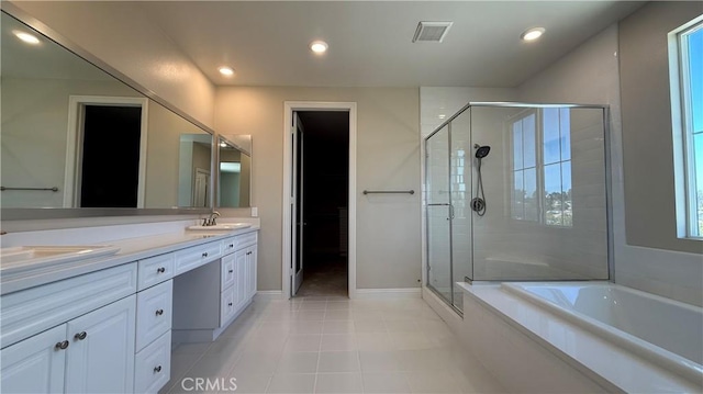 1167 Tesoro Pl, Vista, CA 92081 - full bathroom featuring a stall shower, double vanity, a bath, tile patterned floors, and recessed lighting
