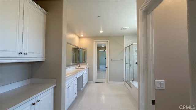 1167 Tesoro Pl, Vista, CA 92081 - bathroom with vanity, a stall shower, tile patterned flooring, and recessed lighting