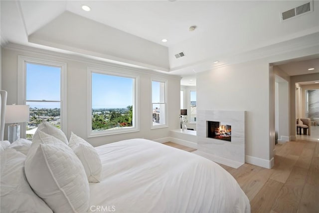4 Ebony Glade, Laguna Niguel, CA 92677 - bedroom featuring a tray ceiling, light wood-style flooring, a high end fireplace, and recessed lighting