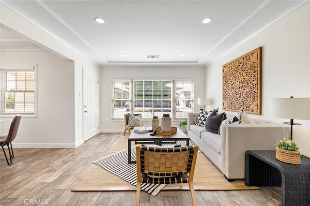 744 S 5th St, Montebello, CA 90640 - living area featuring light wood finished floors, crown molding, and recessed lighting