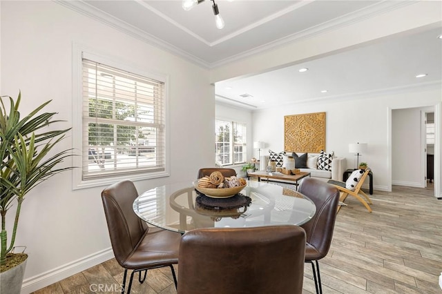 744 S 5th St, Montebello, CA 90640 - dining area with light wood finished floors, crown molding, and recessed lighting
