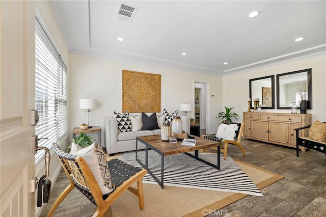 744 S 5th St, Montebello, CA 90640 - living room with wood finished floors, recessed lighting, and crown molding