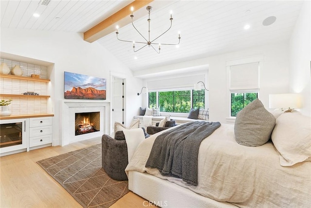 2001 Port Ramsgate Pl, Newport Beach, CA 92660 - bedroom with light wood-style floors, a chandelier, a fireplace with flush hearth, recessed lighting, and wood ceiling