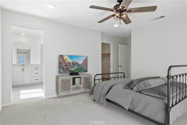 35115 Vine Pl, Fallbrook, CA 92028 - bedroom featuring light carpet, recessed lighting, a ceiling fan, a spacious closet, and connected bathroom