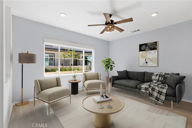 35115 Vine Pl, Fallbrook, CA 92028 - living area featuring wood finished floors, a ceiling fan, and recessed lighting