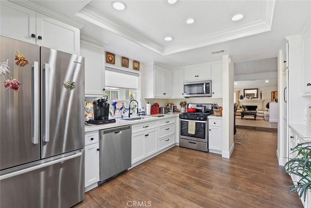 10 Glenhurst Unit 37, Irvine, CA 92604 - kitchen with appliances with stainless steel finishes, a tray ceiling, recessed lighting, white cabinetry, and light countertops