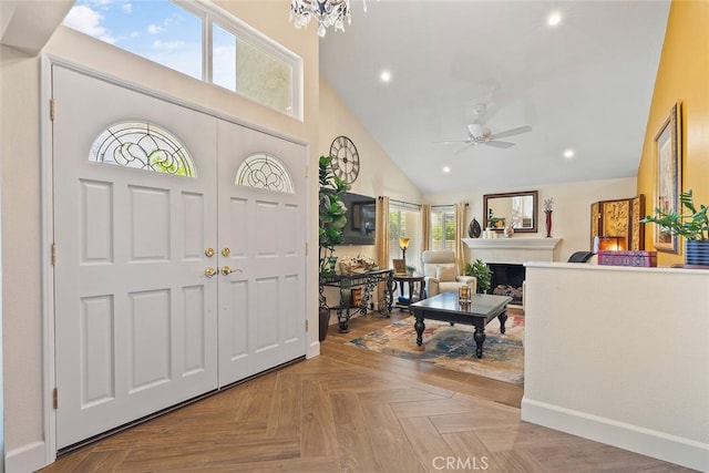 10 Glenhurst Unit 37, Irvine, CA 92604 - entrance foyer with recessed lighting, high vaulted ceiling, ceiling fan, and a fireplace