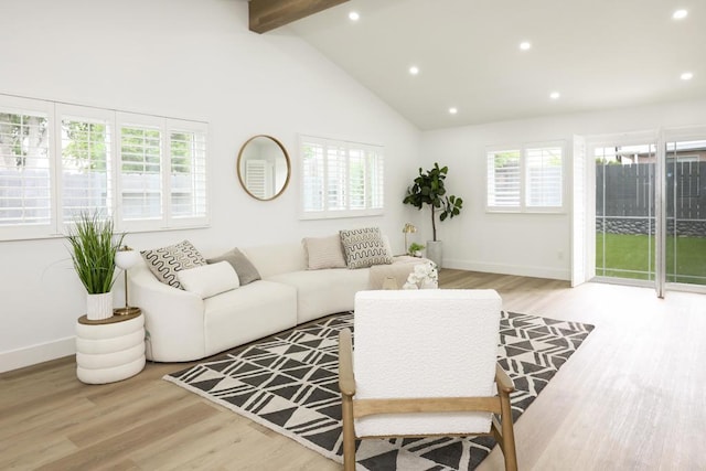 4380 Rolfe Rd, San Diego, CA 92117 - living area with light wood-type flooring, beam ceiling, recessed lighting, and high vaulted ceiling