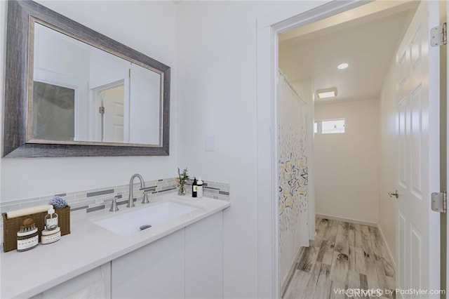 110 S Baymar St, West Covina, CA 91791 - full bath with vanity, recessed lighting, decorative backsplash, and a shower with curtain