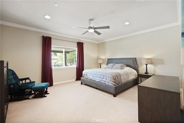 1018 W 15th St, Upland, CA 91786 - bedroom featuring light carpet, ornamental molding, recessed lighting, and ceiling fan