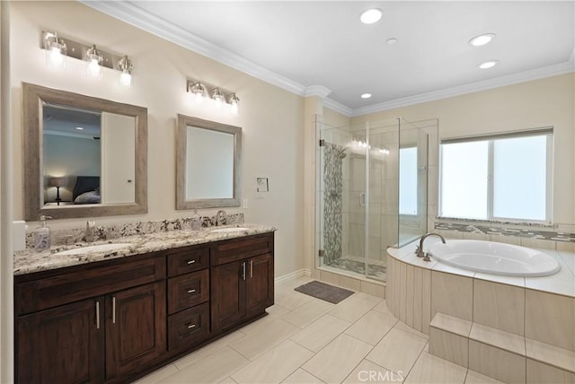 1018 W 15th St, Upland, CA 91786 - ensuite bathroom featuring a stall shower, a garden tub, double vanity, ornamental molding, and recessed lighting