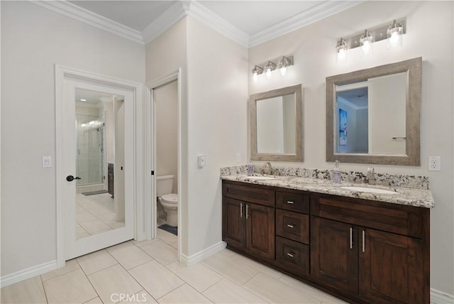 1018 W 15th St, Upland, CA 91786 - full bath with double vanity, a stall shower, crown molding, and tile patterned floors