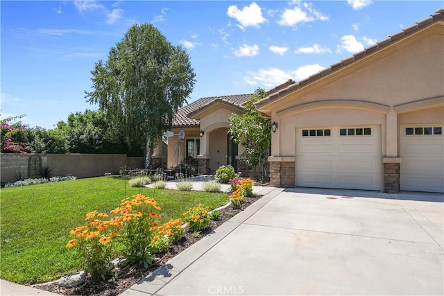 1018 W 15th St, Upland, CA 91786 - view of front facade featuring stucco siding, concrete driveway, stone siding, and a tiled roof