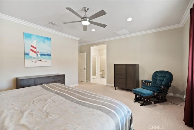 1018 W 15th St, Upland, CA 91786 - bedroom with carpet flooring, crown molding, recessed lighting, ensuite bath, and ceiling fan