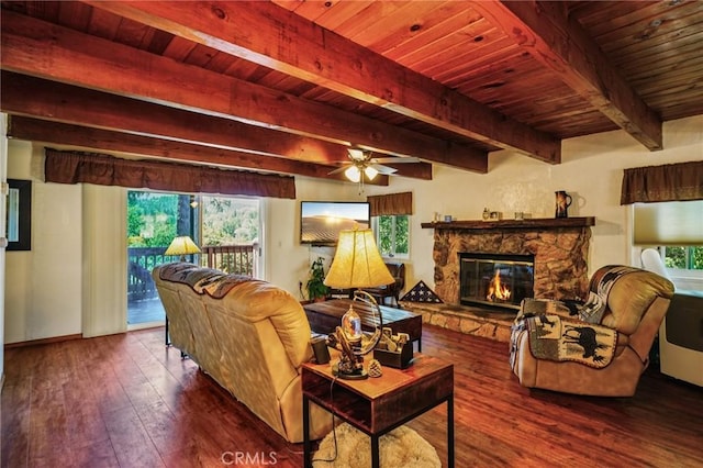 463 Delle Dr, Crestline, CA 92325 - living room with wood-type flooring, a fireplace, a wood ceiling with exposed beams, and a ceiling fan