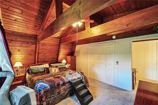 463 Delle Dr, Crestline, CA 92325 - bedroom featuring wooden ceiling, carpet floors, and wood walls