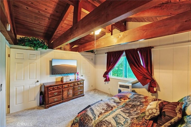 463 Delle Dr, Crestline, CA 92325 - bedroom with carpet floors, wooden ceiling, and a wall mounted air conditioner