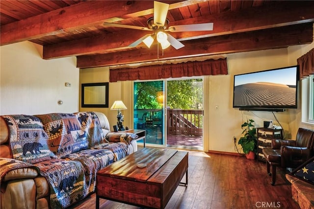 463 Delle Dr, Crestline, CA 92325 - living area with a wood ceiling with exposed beams, a ceiling fan, and hardwood / wood-style flooring