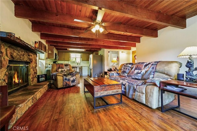 463 Delle Dr, Crestline, CA 92325 - living room featuring wood-type flooring, a wooden ceiling with exposed beams, ceiling fan, and a stone fireplace