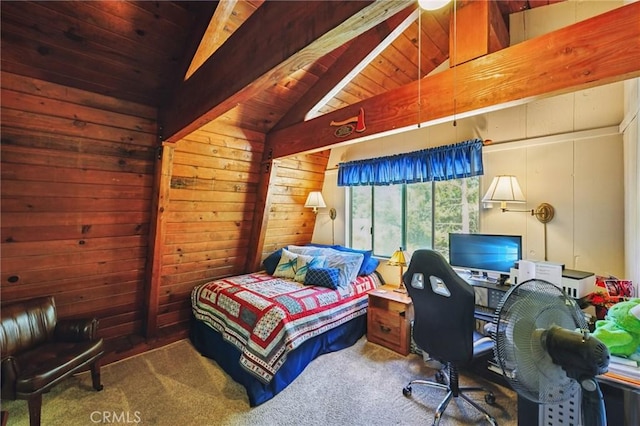 463 Delle Dr, Crestline, CA 92325 - bedroom with an office area, wood ceiling, carpet, and wood walls