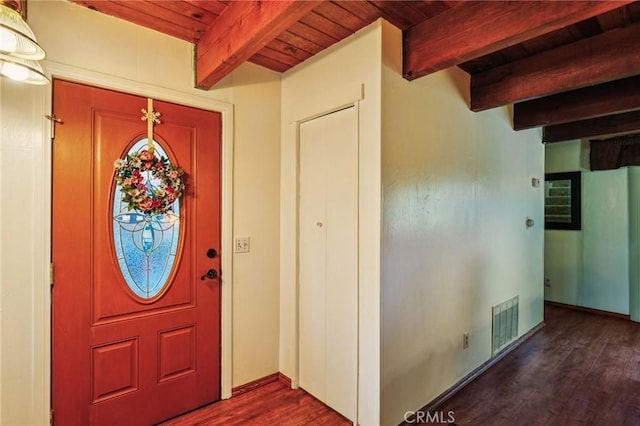 463 Delle Dr, Crestline, CA 92325 - foyer featuring a wooden ceiling with exposed beams and dark wood-style flooring