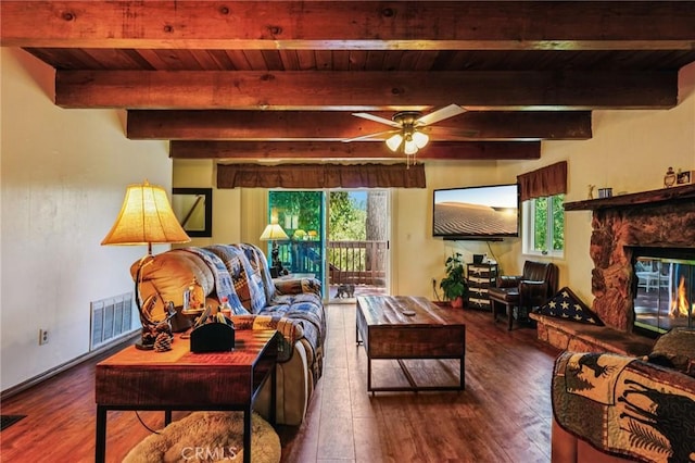 463 Delle Dr, Crestline, CA 92325 - living area with healthy amount of natural light, hardwood / wood-style flooring, ceiling fan, and a wooden ceiling with exposed beams