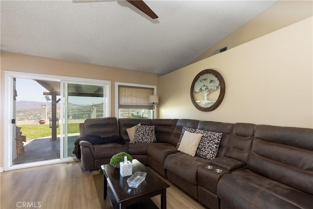 28219 Langside Ave, Canyon Country, CA 91351 - living room featuring wood finished floors, ceiling fan, lofted ceiling, and a textured ceiling